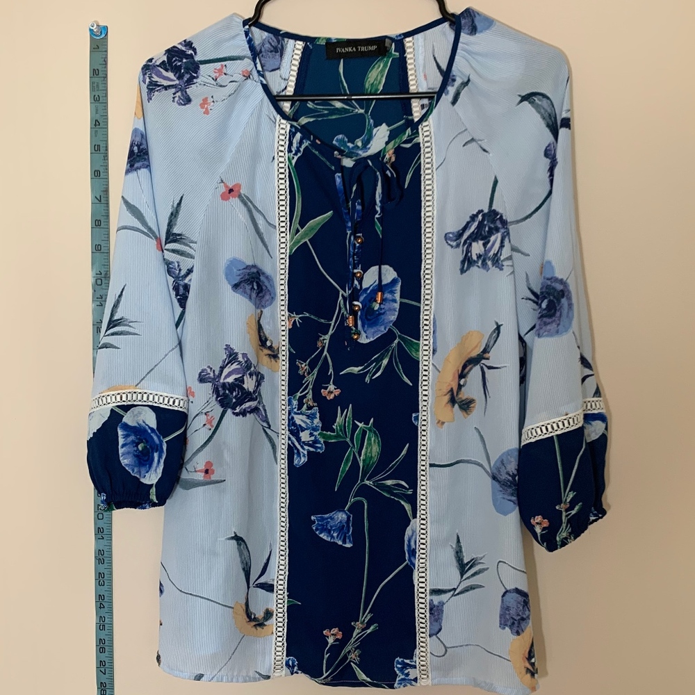 Ivanka Trump floral patterned blue silk blouse